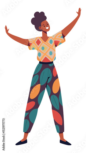 A flat design illustration of a happy woman with curly black hair, wearing a colorful, patterned shirt with geometric shapes and blue trousers with leaf patterns, striking a pose.