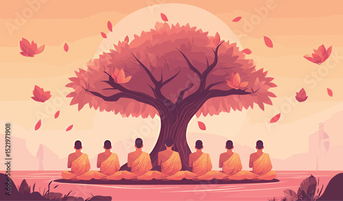 Buddhist monks meditating beneath a serene tree at sunset, enveloped in autumn leaves.
