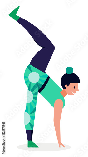 A flat design illustration of a woman in a green and blue patterned activewear outfit performing a dynamic yoga or acrobatic pose with one leg raised.