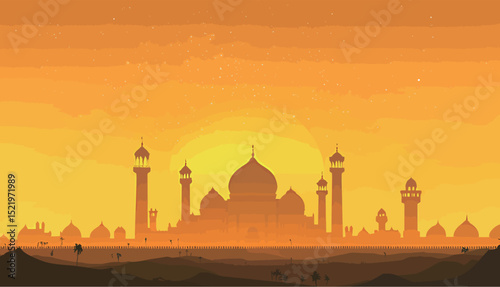 Silhouette of an ancient palace at sunset with warm orange hues.