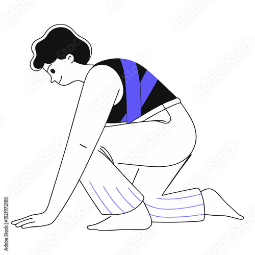 A minimalist line art illustration of a person kneeling, with one hand on the ground, wearing a black and blue striped tank top and light trousers with blue accents.
