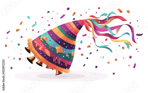 Colorful party hat with ribbons and confetti, perfect for celebrations.