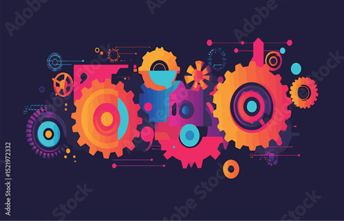 Colorful abstract gears illustration in vibrant hues on a dark background.
