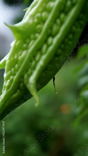 Close-up of a vibrant green bitter melon growing in a garden, showing textured skin and spikes, with a blurred background of foliage.