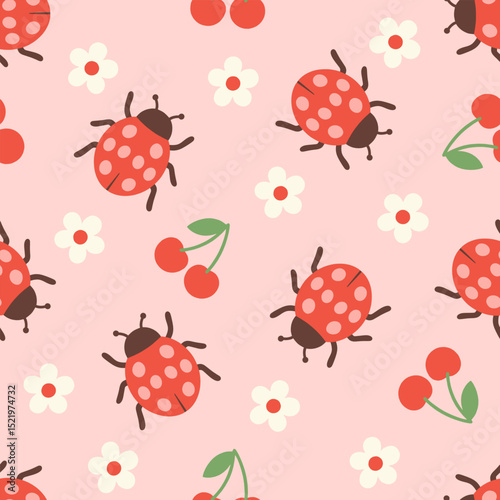 Cartoon ladybug seamless pattern with cherries and flowers on pink background.