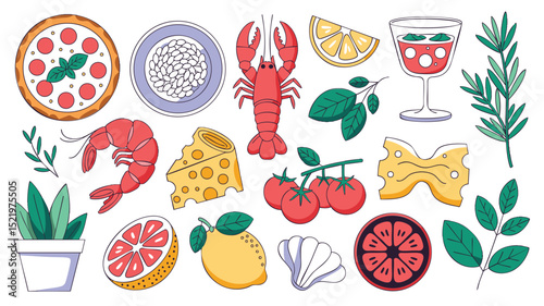 Italian Cuisine Illustration: Pizza, Seafood, Herbs & Citrus - Delicious Food Graphics