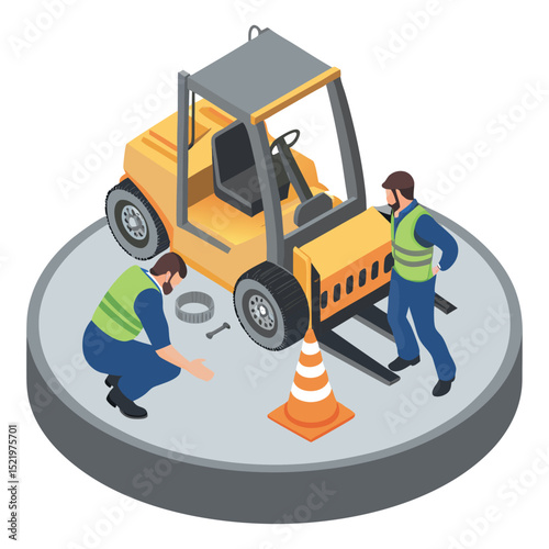 Two industrial technicians repair a forklift wheel on an isolated platform during warehouse maintenance, using safety equipment and tools in a cartoon.