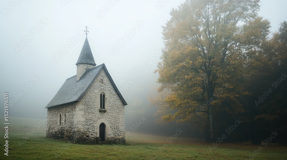 Obraz premium A small stone chapel sits surrounded by fog in a field