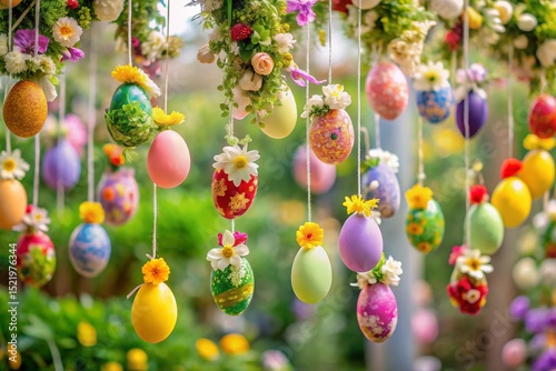 colorful easter eggs in the garden