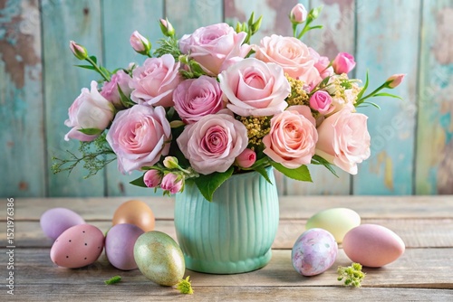 bouquet of tulips and easter eggs