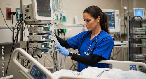 Female nurse in blue scrubs checking vital signs monitor and medical equipment
