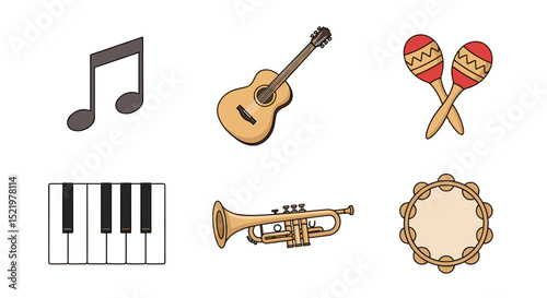 Illustration of a musical note, guitar, maracas, piano, trumpet and a tambourine on a white background
