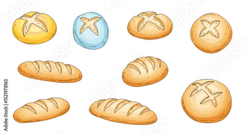 Illustration of various types of bread including round rolls and loaves on a white background plain style