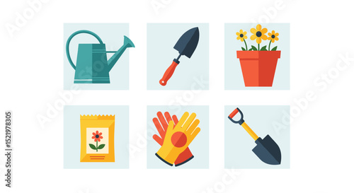 Illustration of gardening tools including a watering can, shovel, gloves and flower pot set on display