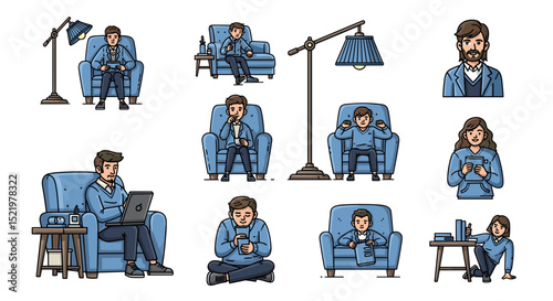 Illustrations of people relaxing and working in various poses and settings in blue tones theme of relaxation