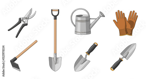 An assortment of gardening tools including shovels, hoes, gloves, and a watering can is displayed