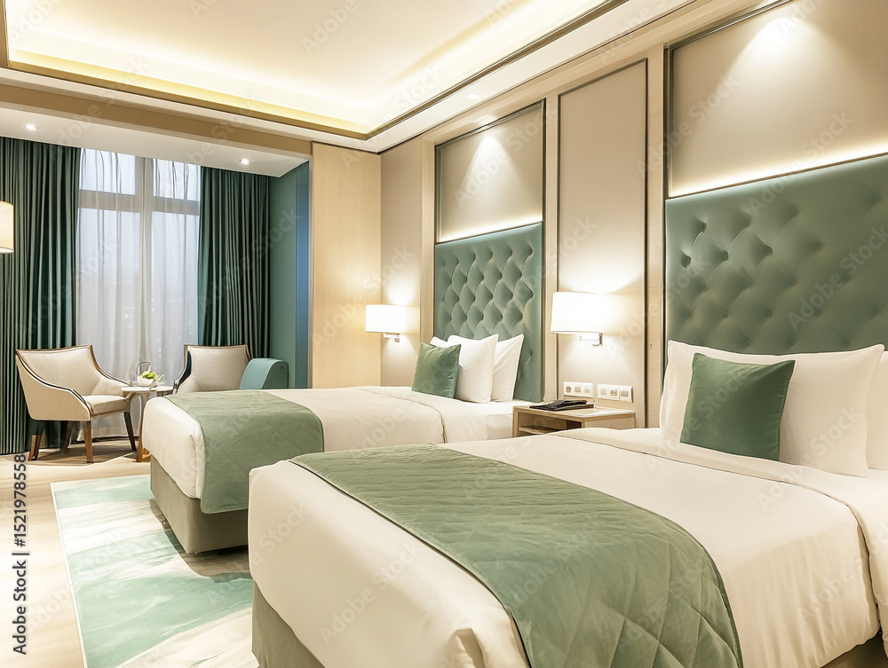 Fototapeta premium A clean and modern hotel room features two single beds with green accents, a comfy armchair, and ample natural light from a large window.