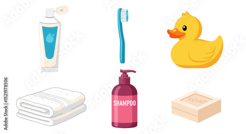 Illustration of bathroom items including toothpaste toothbrush rubber duck towels shampoo and soap bar
