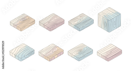Isometric arrangement of eight wooden blocks with visible wood grain and varying color palettes shown