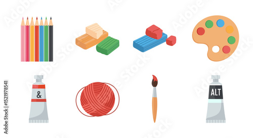 Illustration of art supplies including pencils clay paint palette yarn and paint tubes brushes