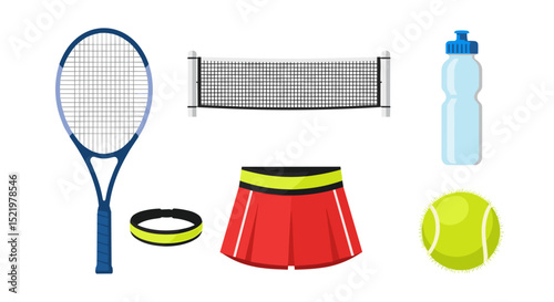 Illustration of tennis equipment including a racket net skirt ball wristband and water bottle isolated