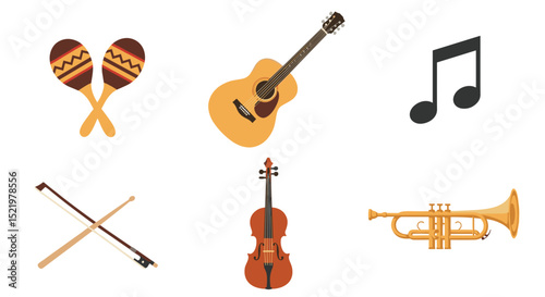 Illustration of musical instruments including guitar violin trumpet and maracas on white background