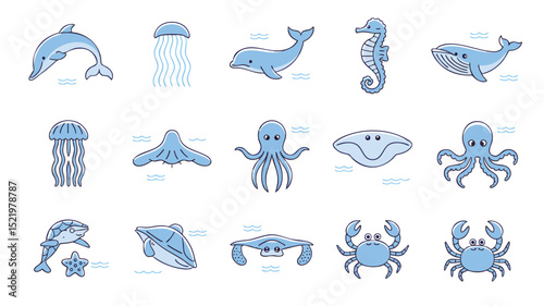 Charming Ocean Life: A Collection of Blue Marine Animal Illustrations