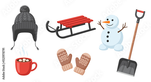 Illustration of winter accessories including a hat, sled, snowman, shovel, and hot cocoa cup