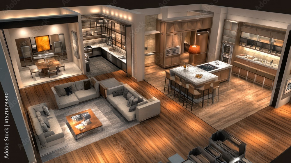 An interior design rendering showcasing a modern open concept living space