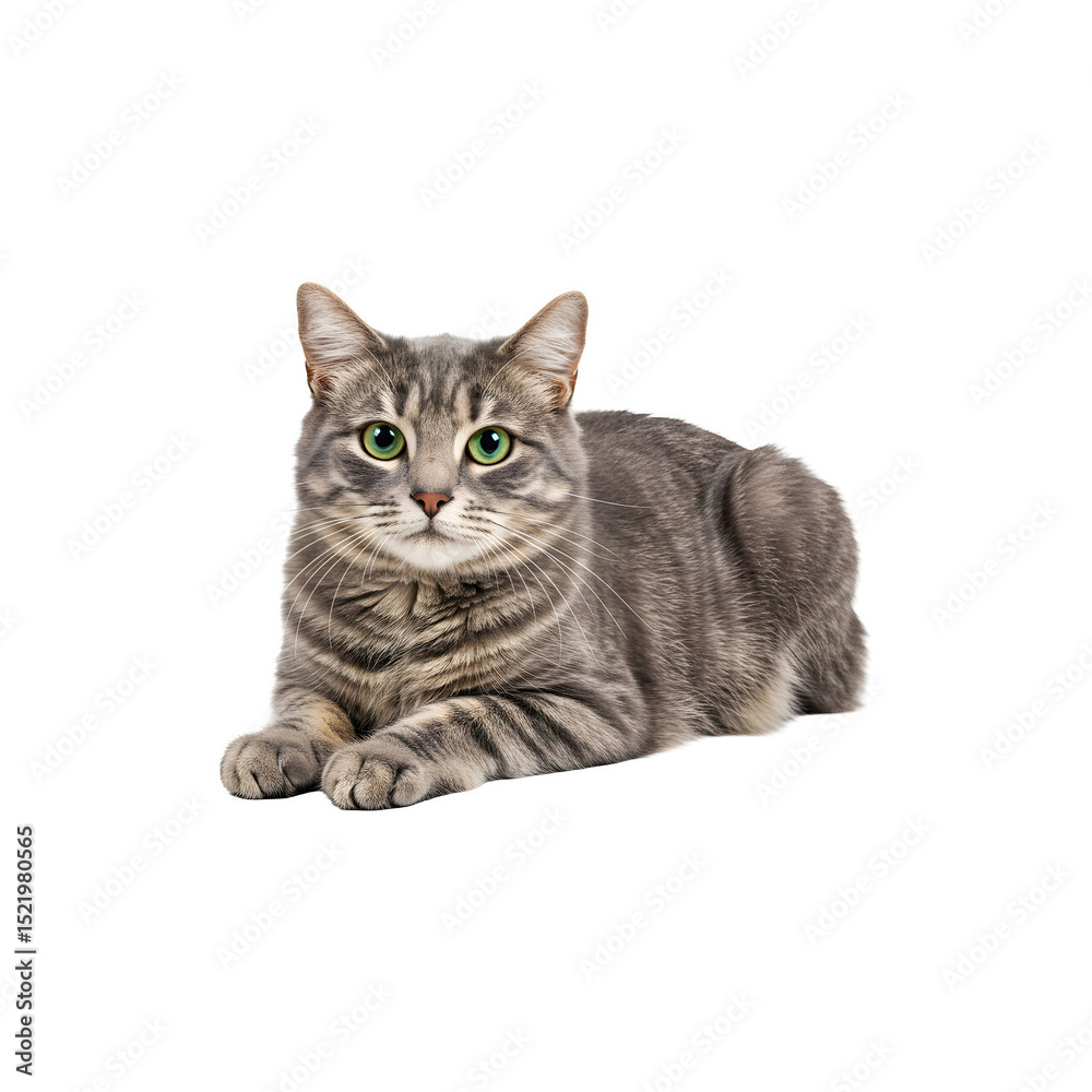 Obraz premium Gray tabby cat lying down and staring curiously