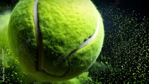 Close-up shot of a yellow tennis ball surrounded by green energy particles creating dynamic and abstract visual elements in motion.