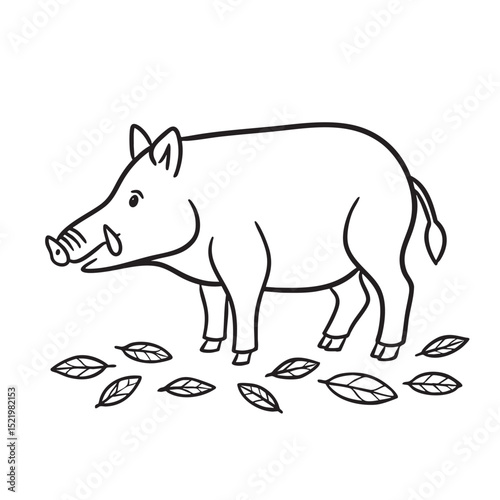A forest boar standing near scattered fallen leaves