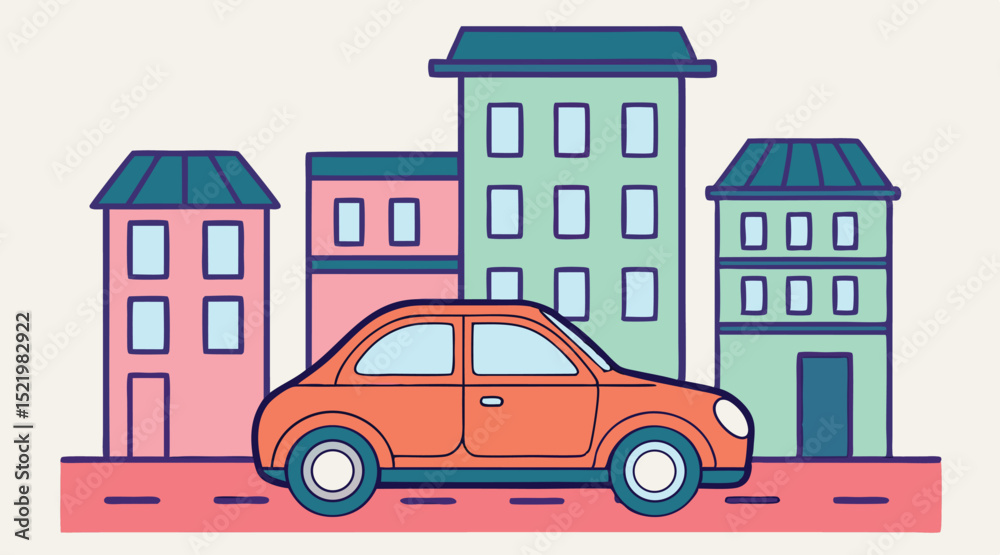 Fototapeta premium Flat Illustration of Red Car on Colorful City Street