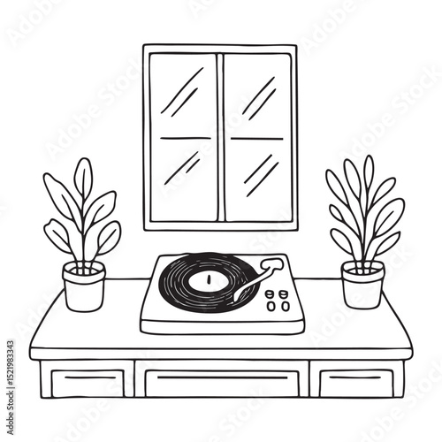 A turntable near a sunlit window and houseplants