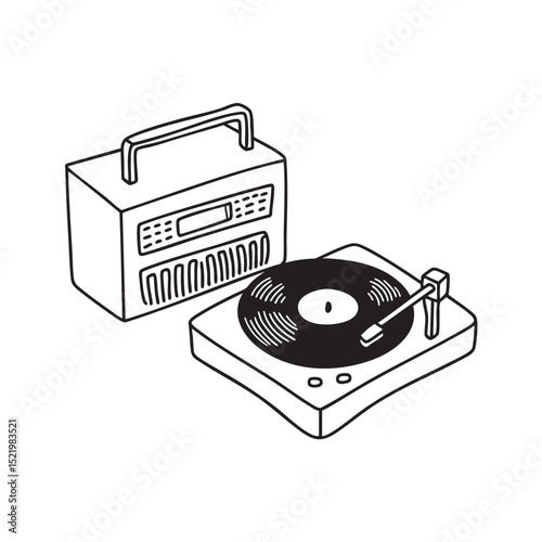 A turntable next to a radio from the 80s