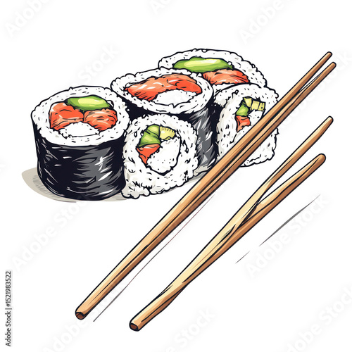  Illustrated Sushi Rolls with Chopsticks Isolated on Transparent Background