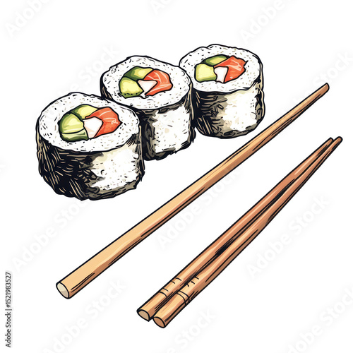  Illustrated Sushi Rolls with Chopsticks Isolated on Transparent Background