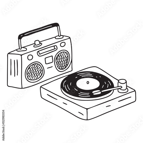 A turntable near a vintage radio from the 80s