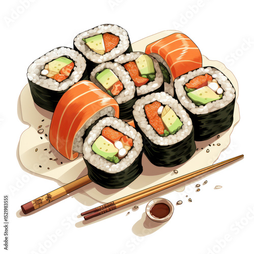  Illustrated Sushi Rolls with Chopsticks Isolated on Transparent Background
