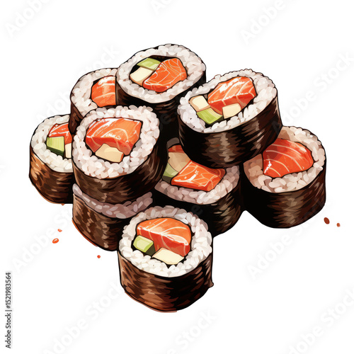  Illustrated Sushi Rolls with Chopsticks Isolated on Transparent Background