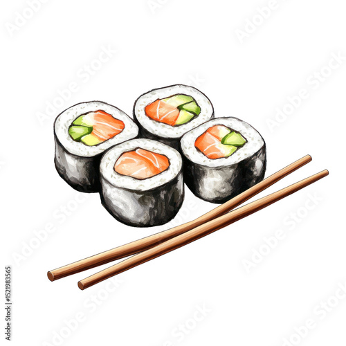  Illustrated Sushi Rolls with Chopsticks Isolated on Transparent Background