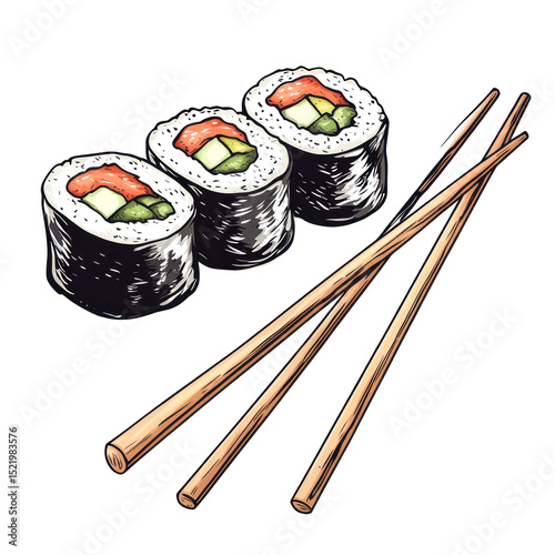  Illustrated Sushi Rolls with Chopsticks Isolated on Transparent Background