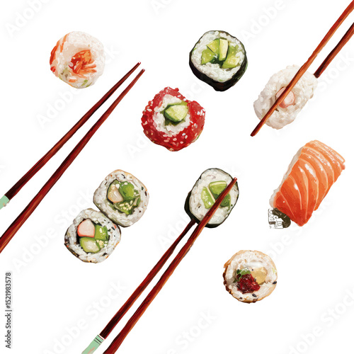  Illustrated Sushi Rolls with Chopsticks Isolated on Transparent Background