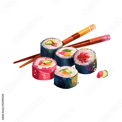  Illustrated Sushi Rolls with Chopsticks Isolated on Transparent Background