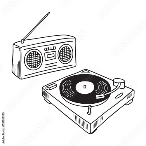 A turntable placed beside an old-school radio