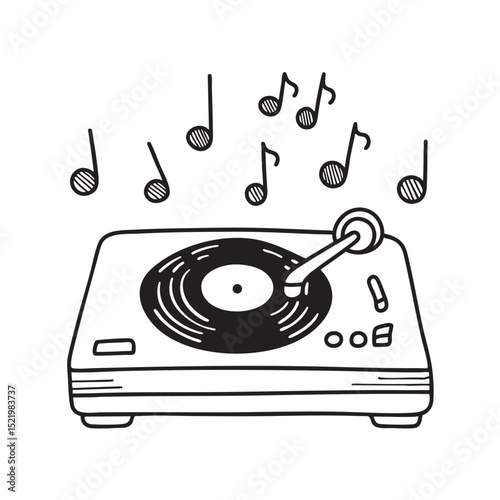 A turntable under posters with music symbols