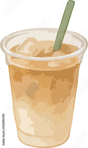 Gentle Watercolor Illustration of Iced Cafe Latte in Plastic Cup