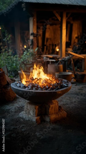 Burning coal in a stone bowl outdoors in a blacksmith shop or forge providing heat for metalworking in a rustic setting with warm lighting.