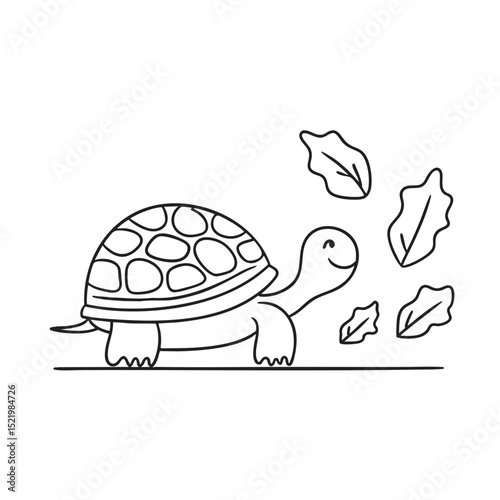 A turtle walking slowly past scattered lettuce leaf