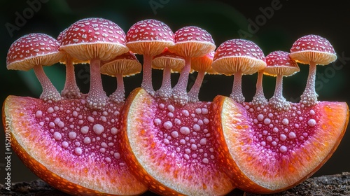 Enchanted Fungi on a Dew-Kissed Fruit